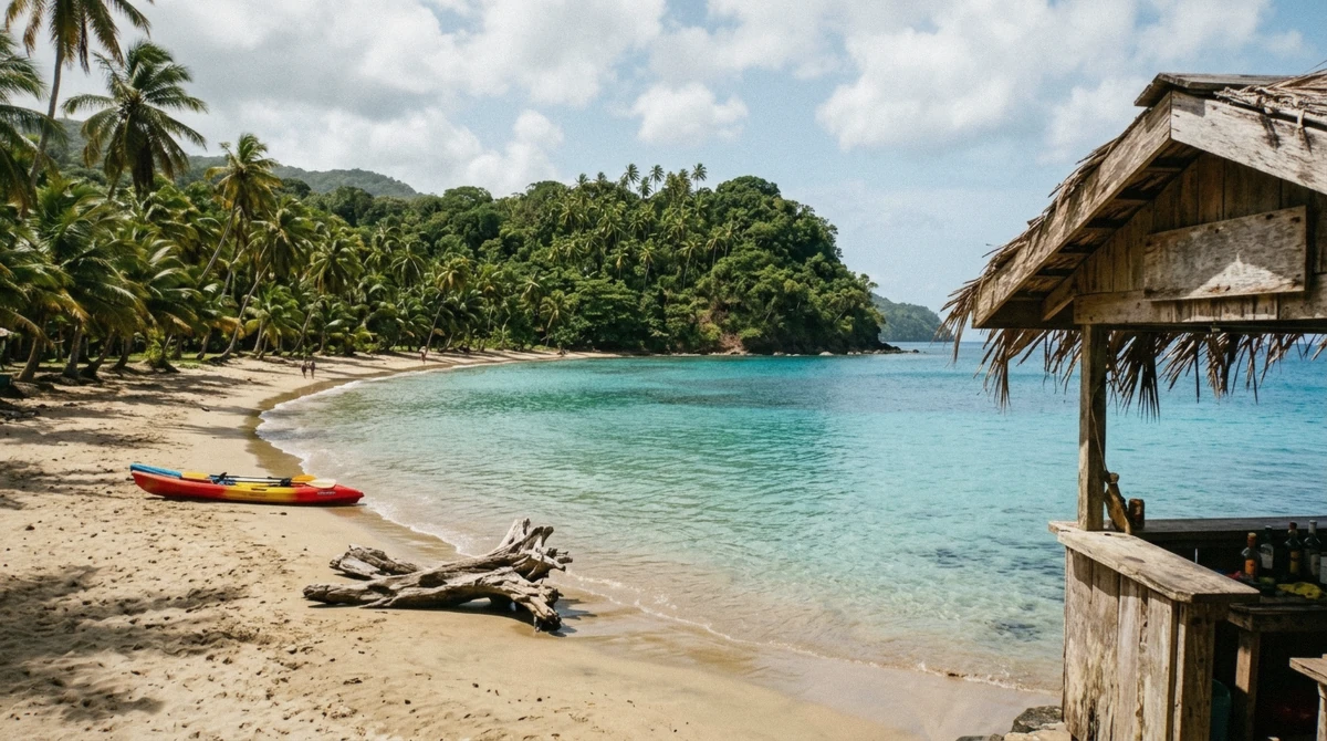 Palms over calm turquoise water on a quiet Saint Lucia beach near Castries