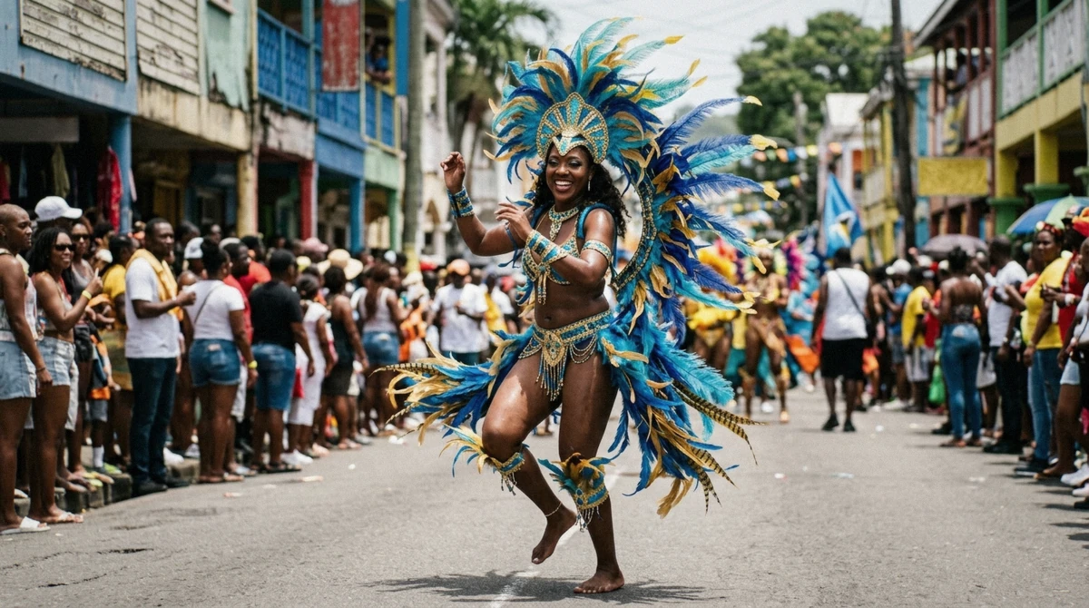 Costumed carnival dancers at the Lucian Carnival in July, Saint Lucia