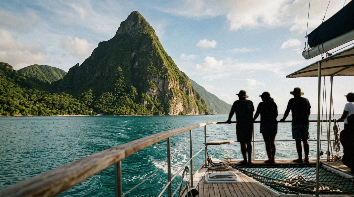 Catamaran sailing past Petit Piton on the west coast of Saint Lucia