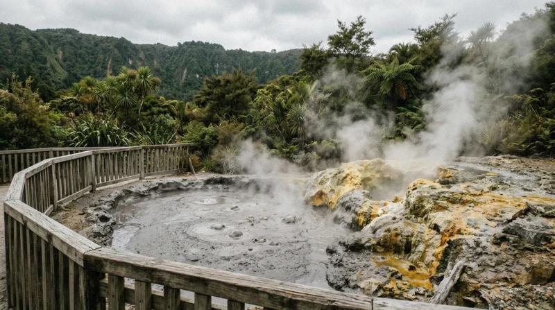 Grey mineral mud bath pools at Sulphur Springs volcano in Saint Lucia