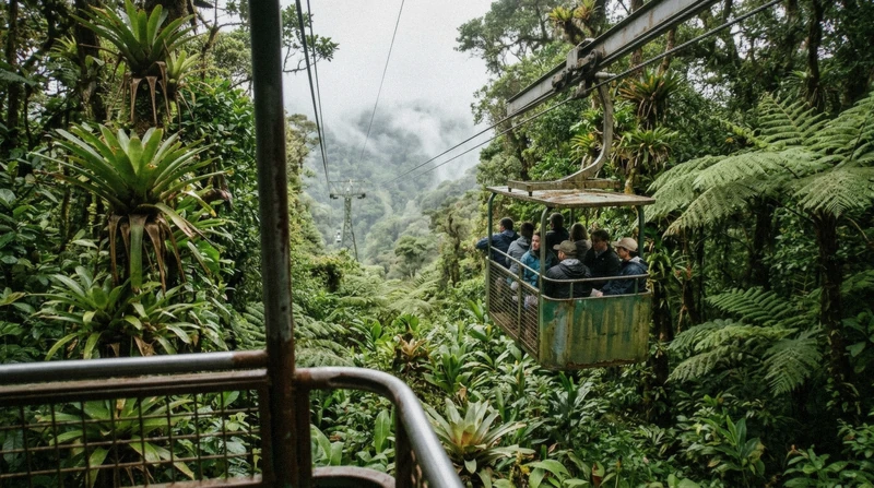 Open-air aerial tram gondola gliding over the rainforest canopy in Saint Lucia